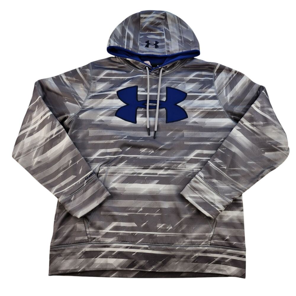 Under Armour Sweatshirt Mens Medium Gray Blue Logo Geometric Hoodie Storm
